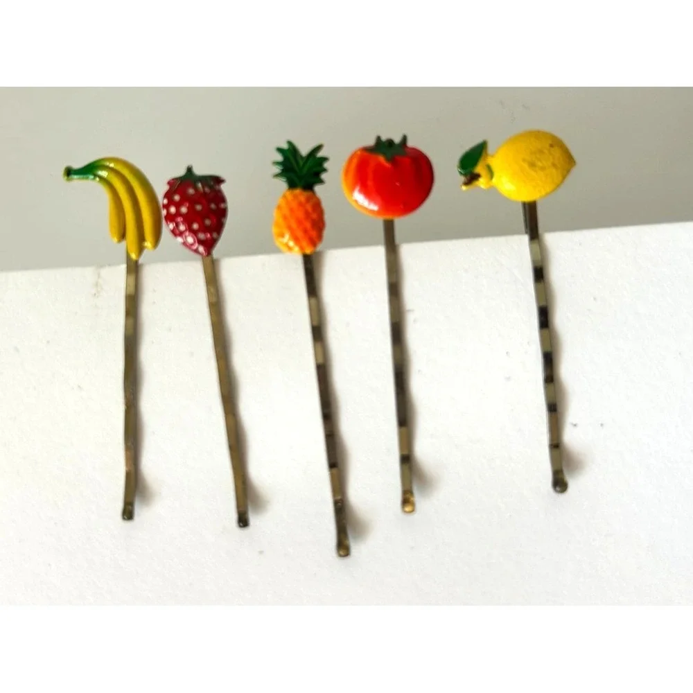 Vintage Enameled Fruit Bobby Pins Lot 5 Banana Strawberry Lemon Tomato Pineapple